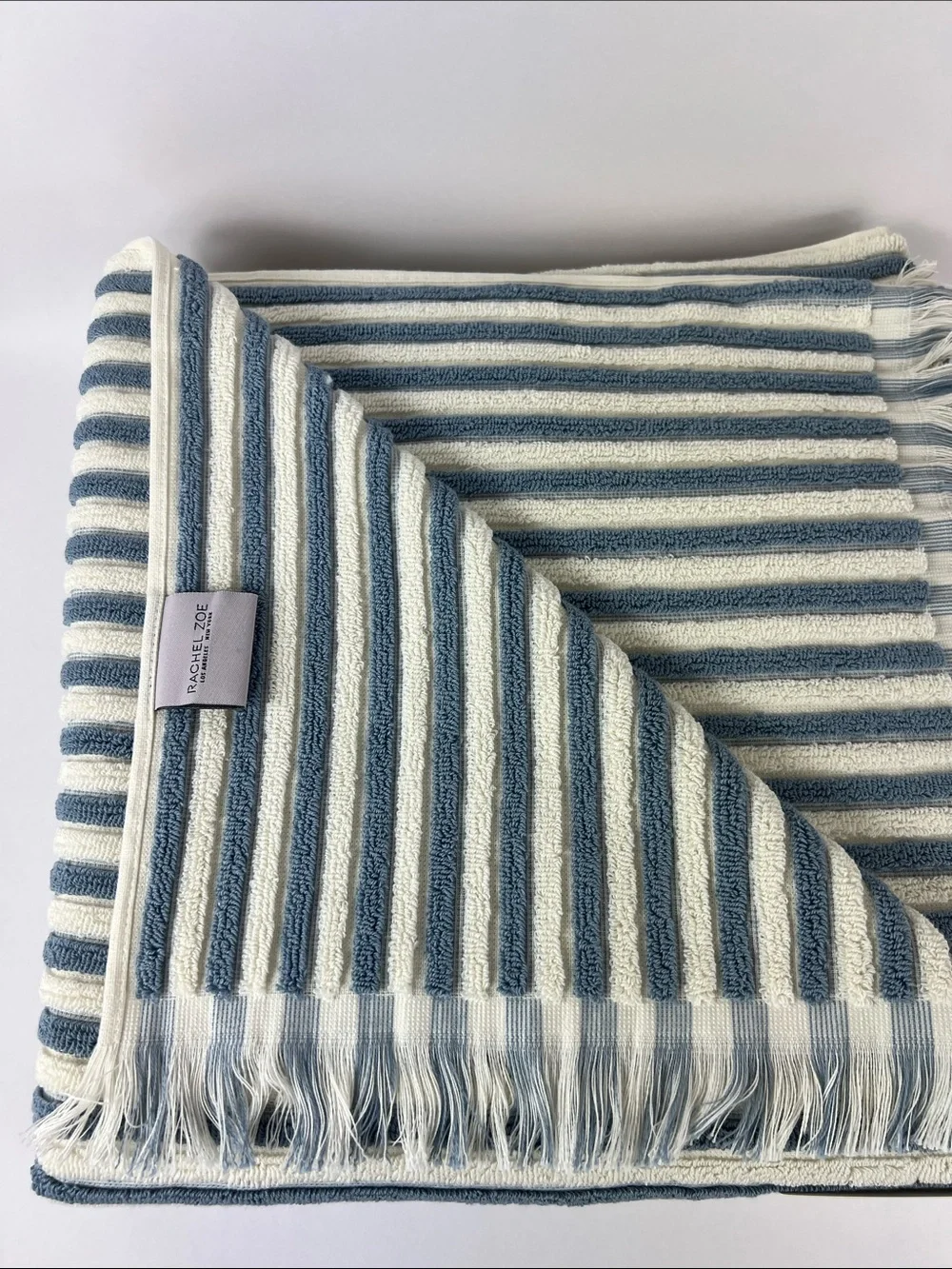 Rachel Zoe Bath Towel Set Blue White Striped with Fringe Soft Cotton 8 Pc NEW